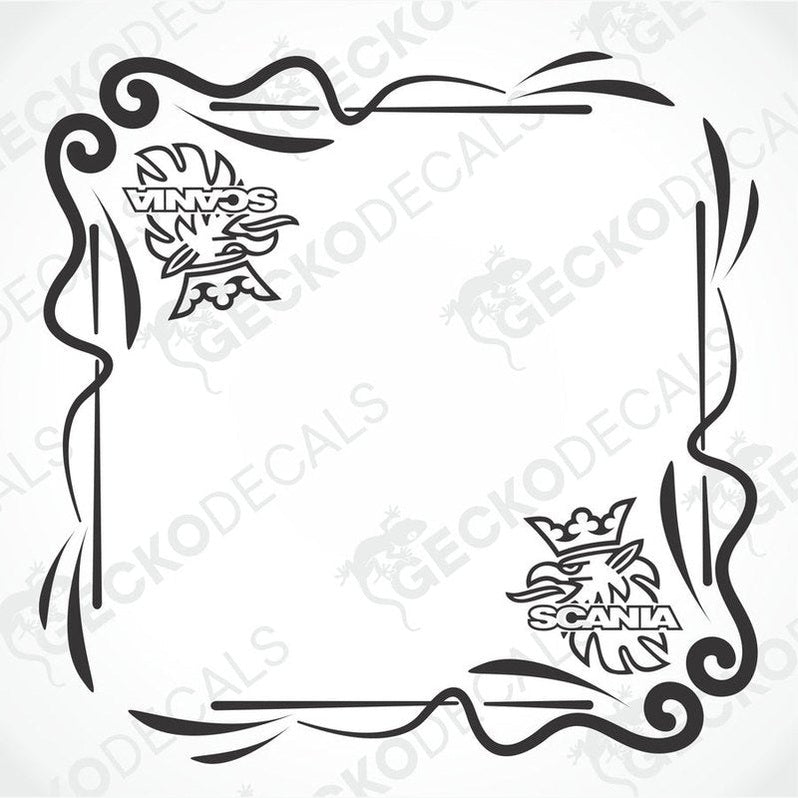 A black decal with the Scania brand logo and a decorative border.