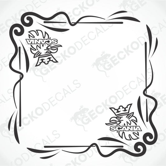 A black decal with the Scania brand logo and a decorative border.