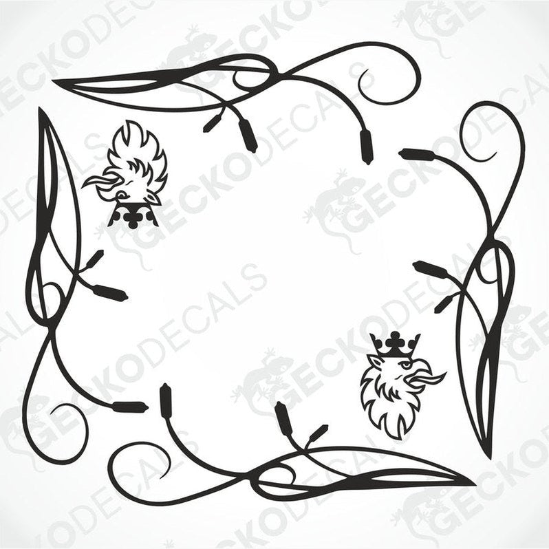 A set of two black die-cut decals for Scania side window, featuring decorative elements and the Scania logo.