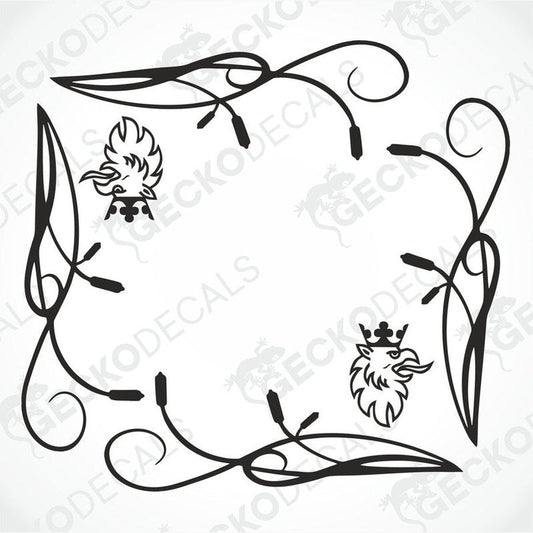 A set of two black die-cut decals for Scania side window, featuring decorative elements and the Scania logo.
