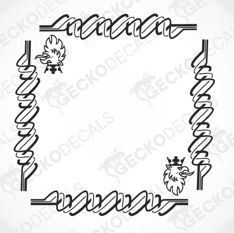 A pair of black and white side window decals for a Scania truck, featuring intricate line art and the Scania griffin logo.