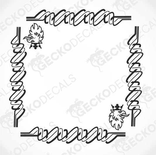 A pair of black and white side window decals for a Scania truck, featuring intricate line art and the Scania griffin logo.