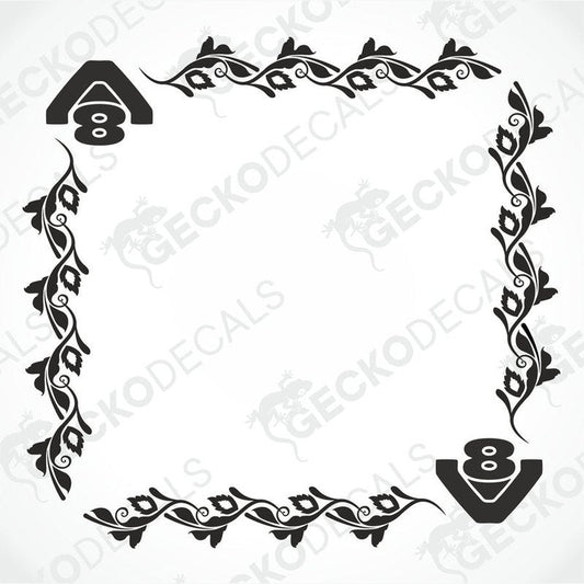 A black and white design for a side window decal, featuring floral patterns and the number '8'.