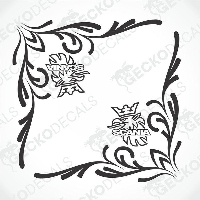 A set of two black decals for Scania side windows, with a geometric and floral design, including the Scania logo.