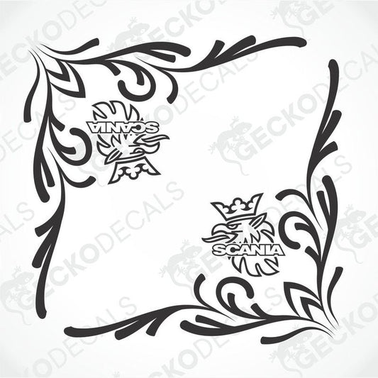 A set of two black decals for Scania side windows, with a geometric and floral design, including the Scania logo.