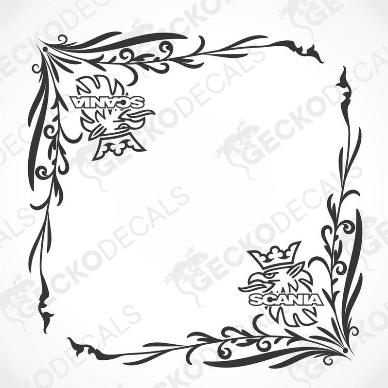 A pair of black and white floral patterned decals for SCANIA side windows, designed for use on a truck.