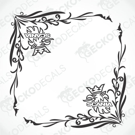 A pair of black and white floral patterned decals for SCANIA side windows, designed for use on a truck.