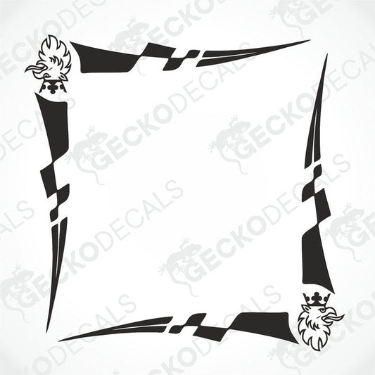 A set of two die cut decals for a Scania side window, featuring a black and white design with checkered patterns and logos.