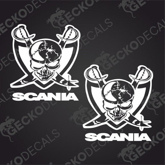 Two white decal stickers featuring a skull design with crossed swords, and the brand name 'SCANIA' written across the bottom part of the skull motif.