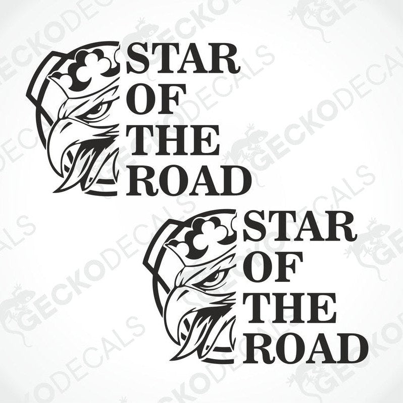 Two black and white die cut stickers with the text 'STAR OF THE ROAD' and a graphic of a scania truck face.