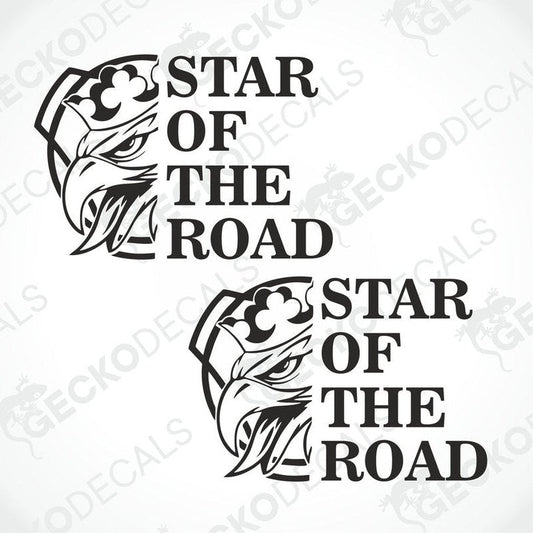 Two black and white die cut stickers with the text 'STAR OF THE ROAD' and a graphic of a scania truck face.