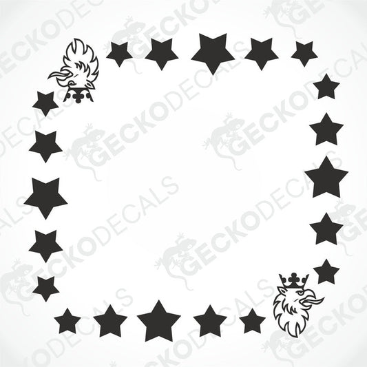 A set of black star-shaped vehicle decals and a decal of a griffin, along with other shapes, intended for use on side windows of a truck.