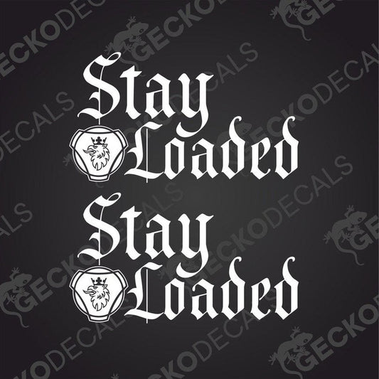 A set of two black decals with the text 'stay LOADED' and a graphic of a donkey, delivered on a transfer paper with a GeckoDecals logo at the bottom.