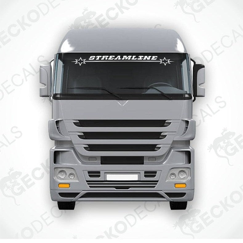 A die cut decal with the text 'STREAMLINE' on it, placed on the front windscreen of a gray truck.