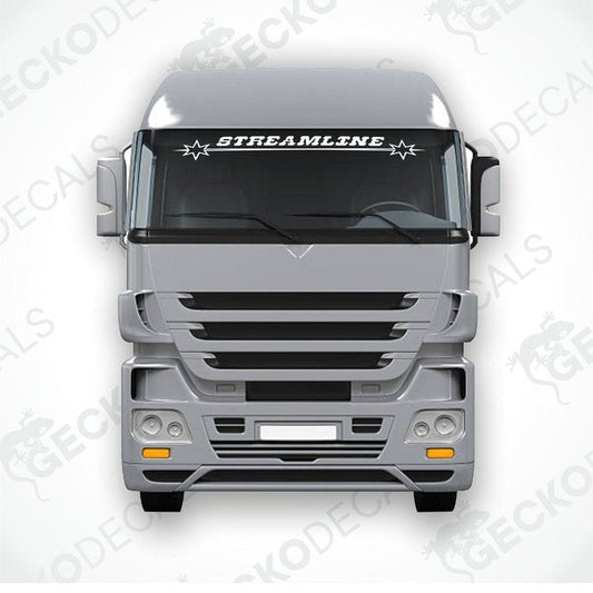 A die cut decal with the text 'STREAMLINE' on it, placed on the front windscreen of a gray truck.