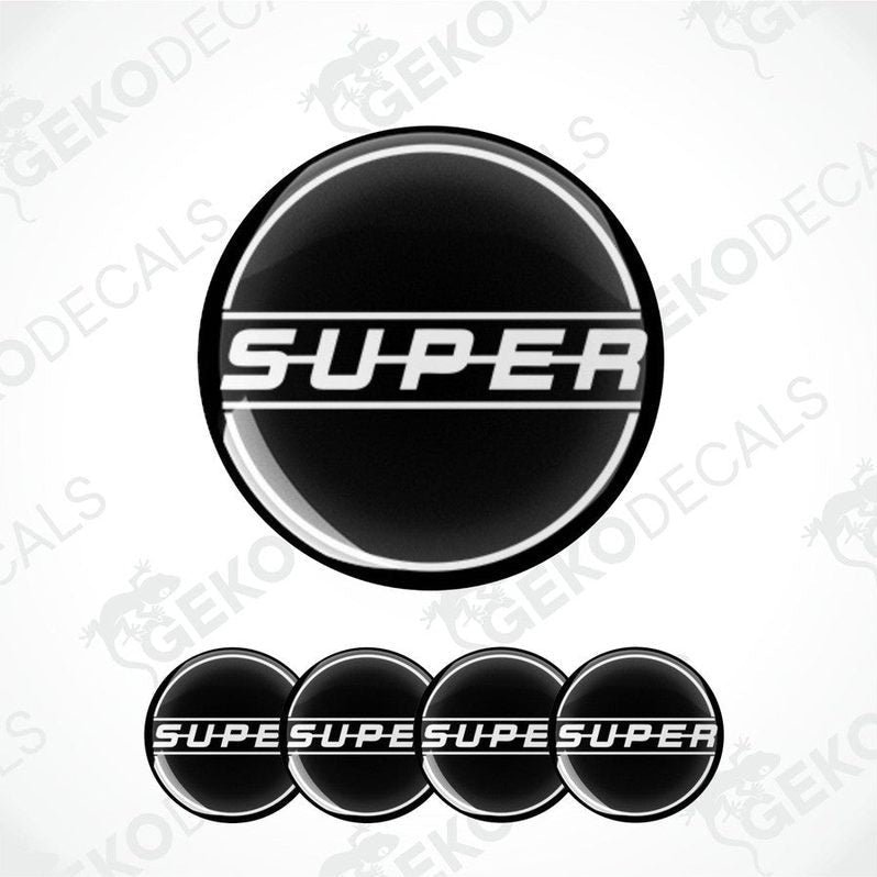 A set of four black vinyl stickers with the word 'SUPER' in white letters, arranged in a circular pattern with a GeckoDecals logo at the top.