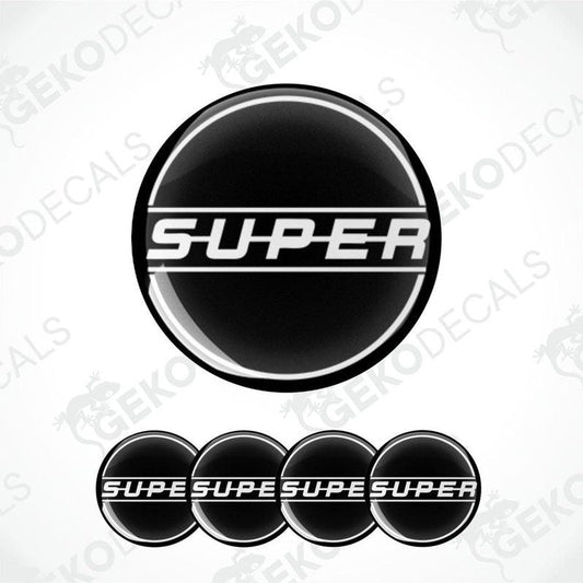 A set of four black vinyl stickers with the word 'SUPER' in white letters, arranged in a circular pattern with a GeckoDecals logo at the top.