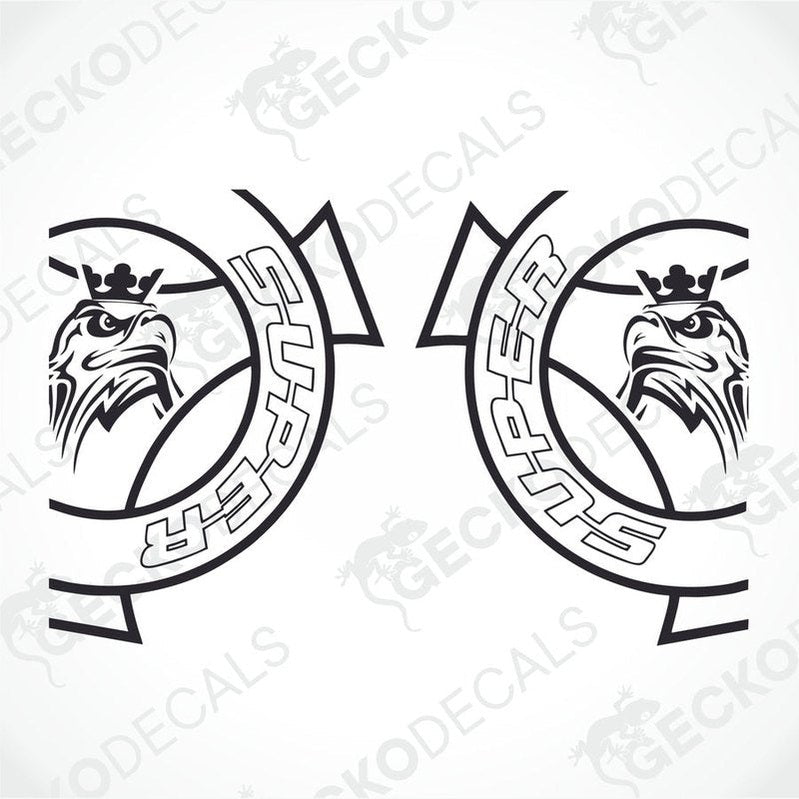 Two black decals with a design resembling a stylized bird and the word 'SUPER' in a decorative font, provided by GeckoDecals.