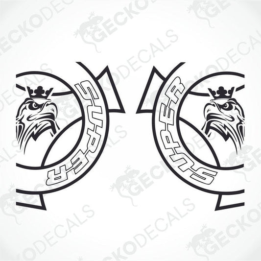 Two black decals with a design resembling a stylized bird and the word 'SUPER' in a decorative font, provided by GeckoDecals.