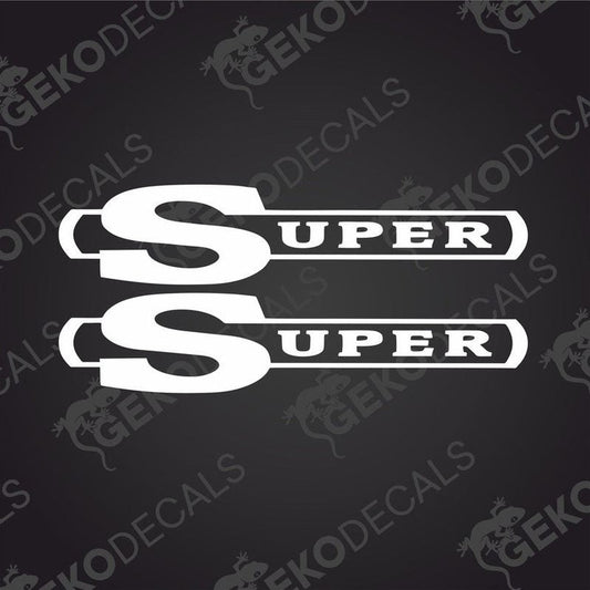 Two white stickers with the text 'SCANIA SUPER' in bold lettering, presented on a black background with a Gecko Decals logo at the bottom.