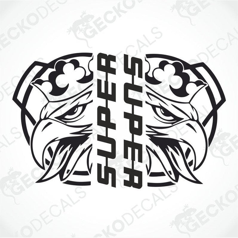 A set of two black and white vehicle decals with a superhero design, including a stylized eagle and the text 'SUPER HAIRS'.