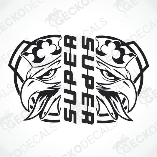 A set of two black and white vehicle decals with a superhero design, including a stylized eagle and the text 'SUPER HAIRS'.
