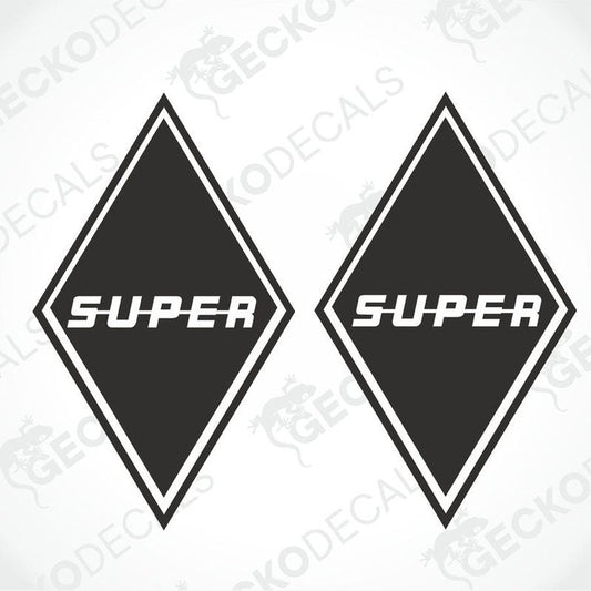 Two black decals with the word 'SUPER' in capital letters, arranged in a diamond shape