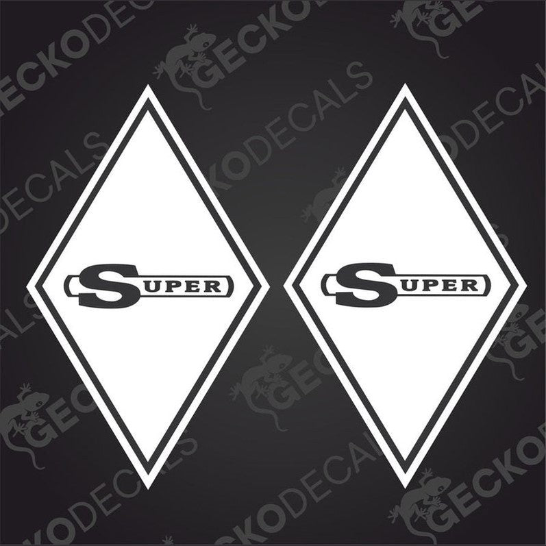 Two white triangular decals with the word 'SUPER' and a diamond symbol