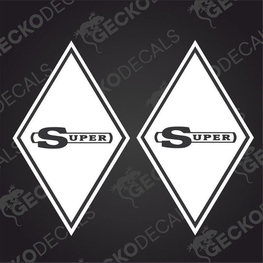 Two white triangular decals with the word 'SUPER' and a diamond symbol