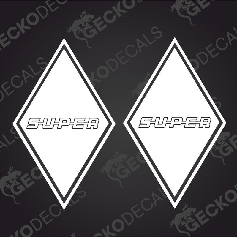 Two white triangular decals with the word 'SUPER' in capital letters