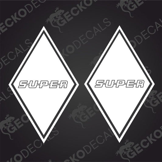 Two white triangular decals with the word 'SUPER' in capital letters