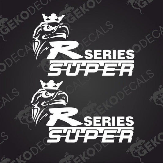 Two black decals with the text 'R SERIES SUPER' and an accompanying graphic, delivered on a transfer paper.