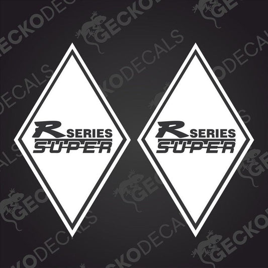 Two black decals with the text 'R SERIES SUPER' and a white graphic of a truck on a diamond-shaped background.