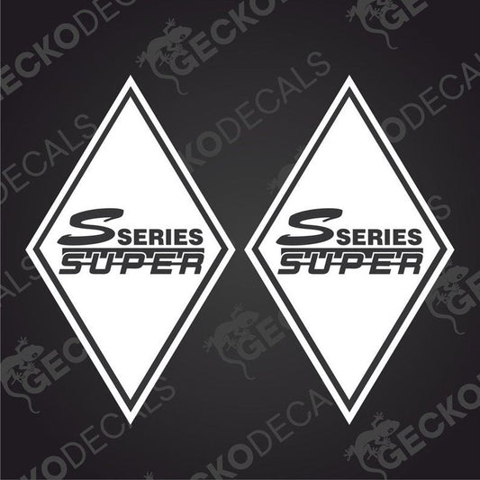 Two white diamond-shaped decals with 'S SERIES SUPER' text, intended for vehicle exterior branding.