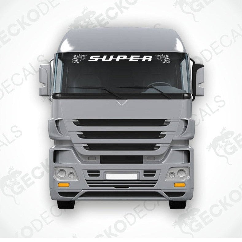 A die cut decal with the word 'SUPER' printed on it, positioned on the front windscreen of a gray truck.