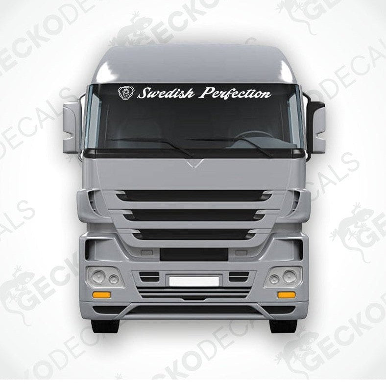 A front view of a gray Scania truck with a 'Swedish Perfection' sticker on the windshield.