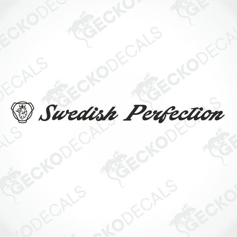 A front view of a gray Scania truck with a 'Swedish Perfection' sticker on the windshield.