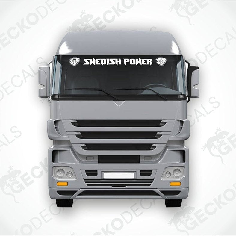 A front view of a gray SCANIA SWEDISH POWER truck with a 'Swedish Power' text decal on the windscreen.