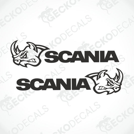 Two black Scania vehicle decals displayed on a white background, one with the Scania logo and the other with the text 'SCANIA' in bold.