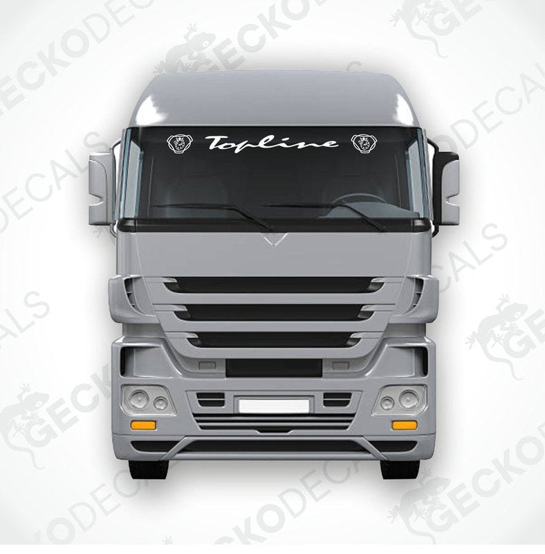 A graphic representation of a truck windscreen decal with the text 'Topline' displayed on the upper part of the windscreen.