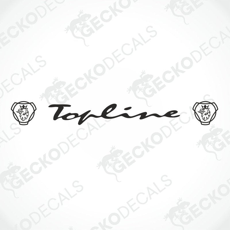 A graphic representation of a truck windscreen decal with the text 'Topline' displayed on the upper part of the windscreen.