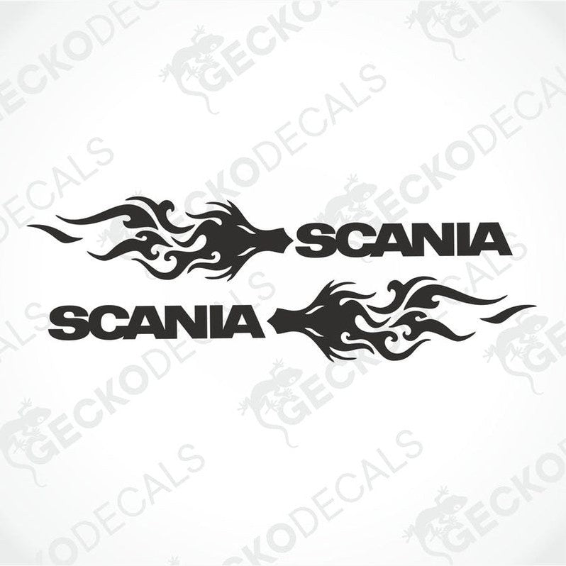 A set of two black and white tribal-style decals with the brand name 'Scania' in the center.