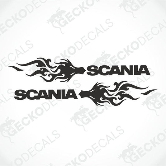 A set of two black and white tribal-style decals with the brand name 'Scania' in the center.