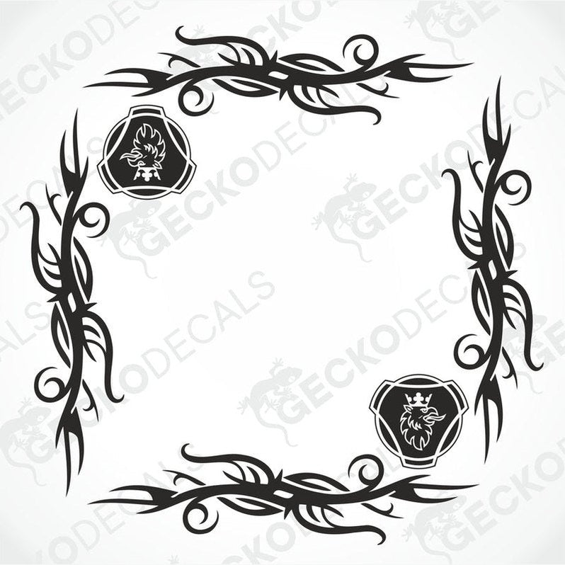 A set of two black tribal patterned side window decals for vehicles, displayed on a white background.