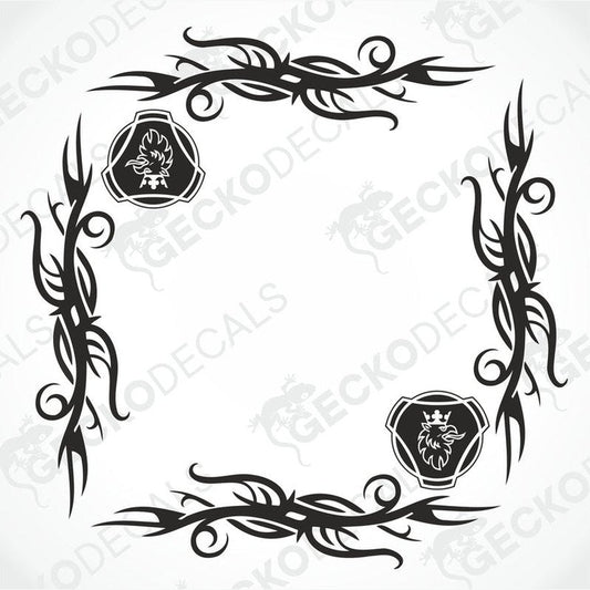 A set of two black tribal patterned side window decals for vehicles, displayed on a white background.