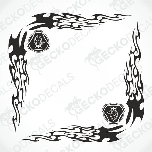 A set of black tribal pattern side window decals for a vehicle, featuring die cut designs with griffin motifs in the corners.
