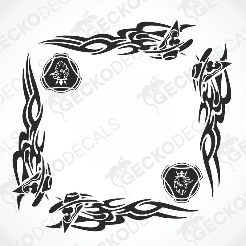 A set of black tribal patterned side window decals for a Scania truck, including graphics such as flames and animal heads.