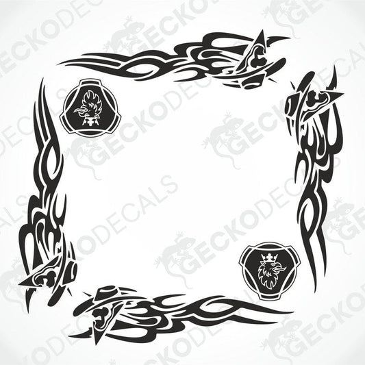 A set of black tribal patterned side window decals for a Scania truck, including graphics such as flames and animal heads.