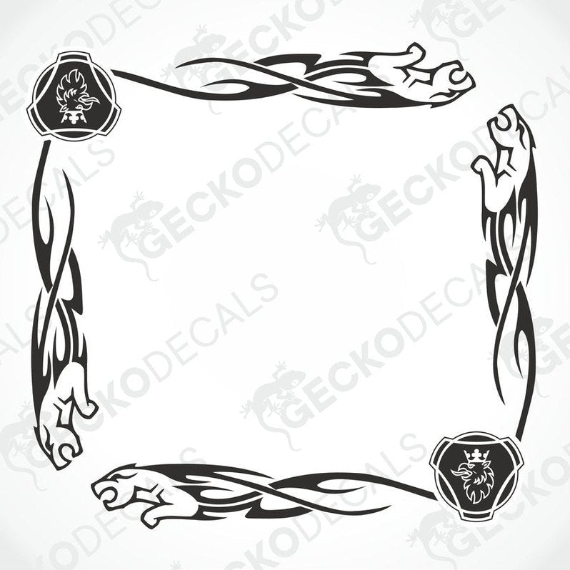 A set of black tribal patterned side window decals for a Scania truck, designed to be applied on transfer paper.