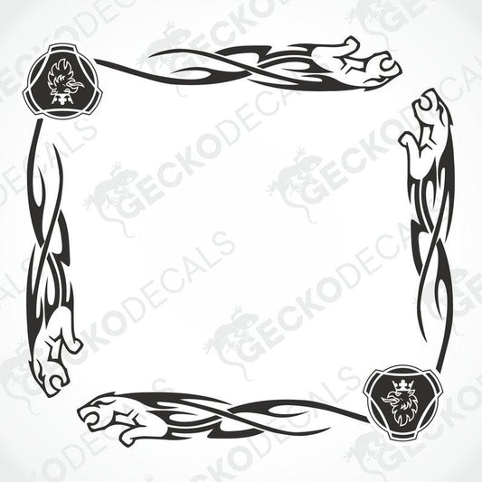 A set of black tribal patterned side window decals for a Scania truck, designed to be applied on transfer paper.